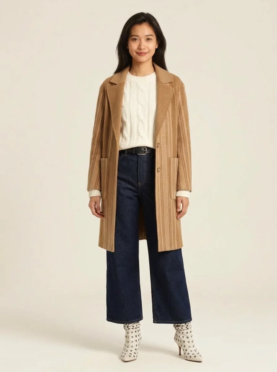 Fall: camel coat, cream knit and wide-leg jeans, tried on with AI