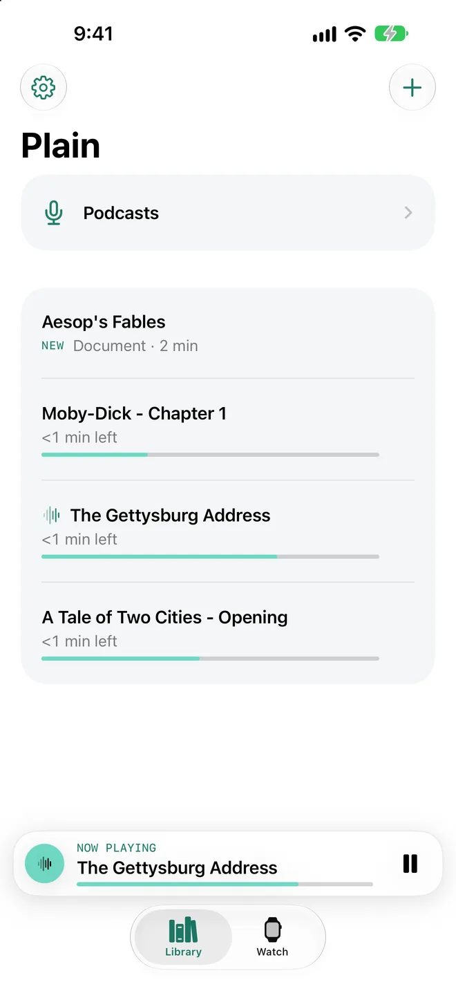 Plain's library on iPhone: a Podcasts row, a document, and audio files with progress bars, and a Now Playing bar