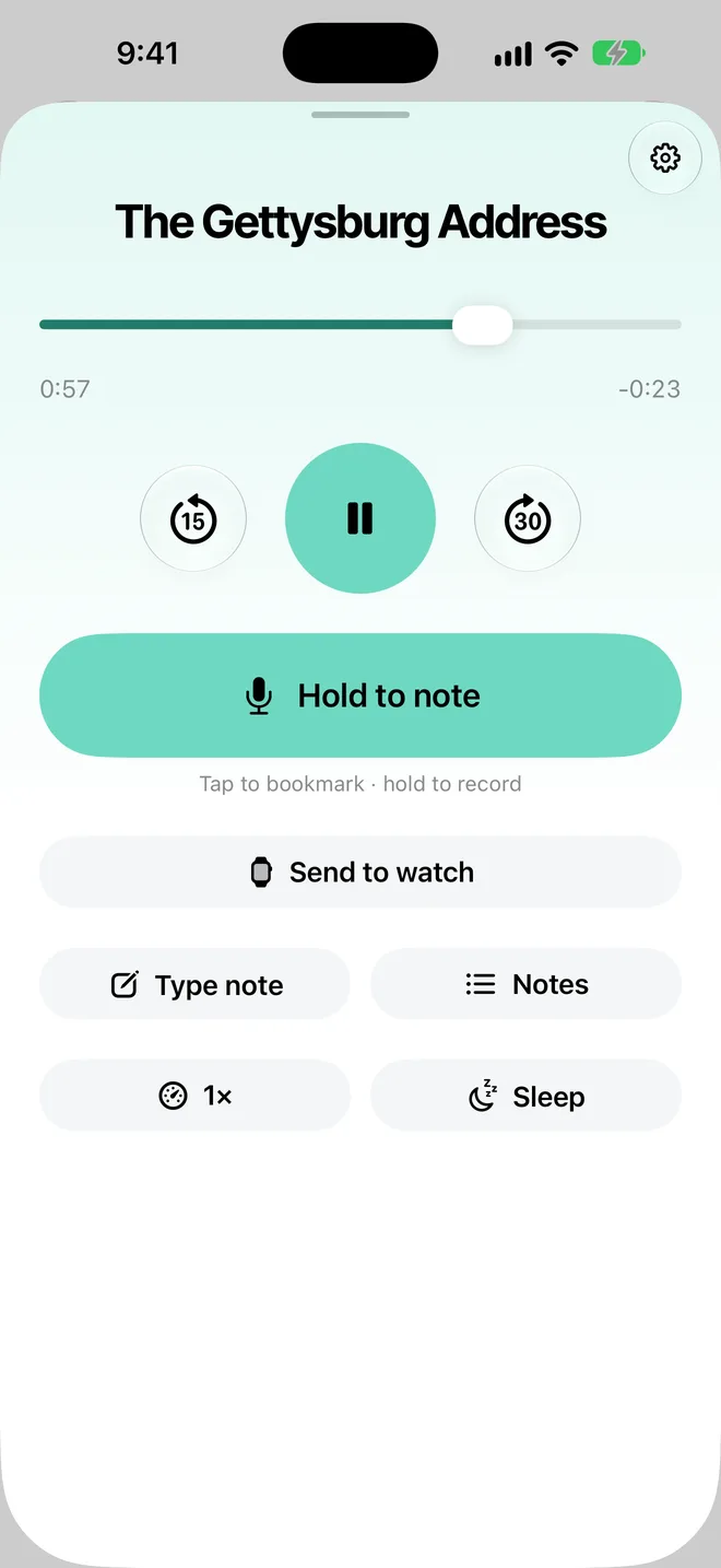 Plain's player: skip back 15 and forward 30 seconds, a Hold to note button, Send to watch, notes, speed and sleep timer