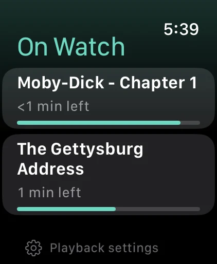 Plain on Apple Watch: the On Watch list with two items and how much time is left in each