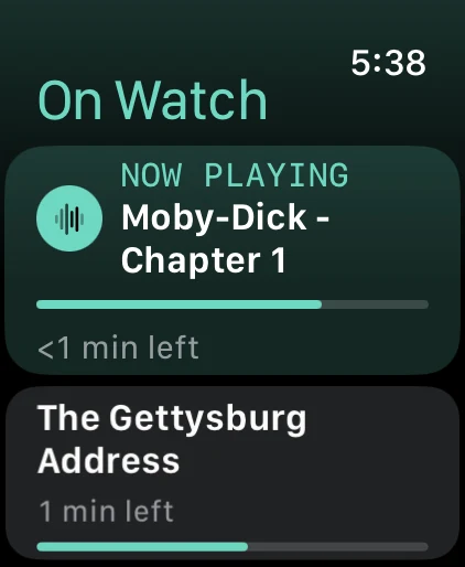 Plain on Apple Watch: the On Watch list with the item that is playing marked Now Playing
